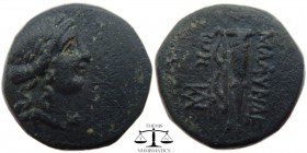 Lydia, AE18 Blaundos after 200 BC. Laureate head of Apollo? right / MΛAYNΔE-ΩN, bow and quiver; ΩΠAH monogram in field. Paris 151. 18 mm., 5 g.