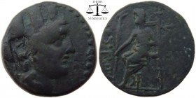 Cilicia, AE21, Tarsos 164 BC. Turreted head of Tyche right, countermark: bow and quiver in her hair / TAΡΣEΩN, Zeus seated left, holding sceptre. SNG ...