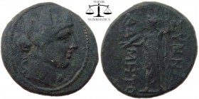 Phrygia, AE23, Synnada 133-0 BC. Turreted head of Tyche right / SYNNAD AD-MHTO, Zeus standing, holding thunderbolt and staff. IMHOOF KM S291,1(1-2). V...