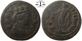 Phrygia, BI-AE21, Bruzus 193-217AD. BΡOY-ZOC, turreted head of Tyche right / BΡOYZ-HNΩN, Hermes standing left, holding purse and caduceus. Upublished-...