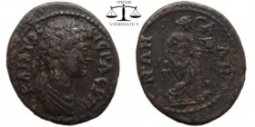 Lydia, AE25 Sala 98-117 BC. IEΡA CYN-KΛHTOC, bare-headed, draped bust of the Senate right / CA-ΛH-NΩN, Dionysos standing right, cross-legged, resting ...