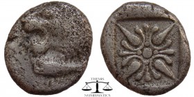 Hekatomnos Caria, Satraps AR Trihemiobol Miletos? 395-377 BC. Lion's head left, with open jaws, its foreleg beneath / Stellate pattern or ornamented s...