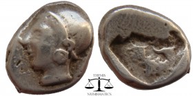 Ionia, AR Diobol Phokaia ca. 5 century BC. Head of Athena (?) left, wearing close-fitting helmet and earring / irregular incuse. SNG.Kayhan-522. 11 mm...
