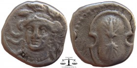 Cilicia, AR Obol Uncertain 4th century BC. Draped bust of Athena facing slightly left, wearing triple-crested helmet and necklace / Boeotian shield em...