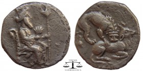 Cilicia, AR Obol Myriandros 361-334 BC. The Great King of Persia, wearing crown and elaborate robes covered with rings, seated right on throne; holdin...