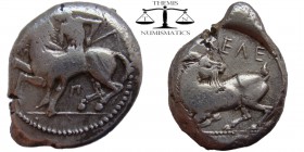 Cilicia, AR Stater Kelenderis 425-380 BC. Ephebus, unbearded, naked, holding whip, seated sideways on horse galloping left, Π below horse's belly / KE...