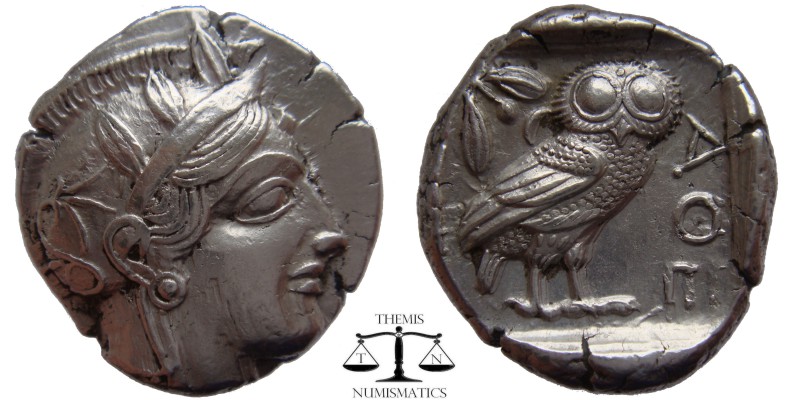 Attica, Athens AR Tetradrachm after 449 BC. Helmeted head of Athena right / AΘE,...