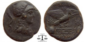 Phrygia, AE23 Apameia 100-50 BC. Magistrate Kukos. Bust of Athena right in crested helmet / AΠAMEΩ KΩKOY above and beneath eagle alighting right on ma...