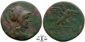 Phrygia, AE24 Apameia 133-48 BC. Magistrate Andronikos-Alkios. Head of Athena right / AΠAME ANΔΡONIK-AΛKION, eagle alighting right on maeander symbol ...