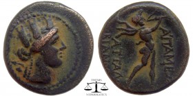 Phrygia, AE20 Apameia 100-50 BC. Magistrates Attalos and Bianoros. Turreted bust of Artemis right, bow and quiver over shoulder / AΠAMEΩN ATTAΛOY BIAN...