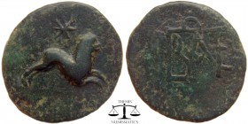 Polemo I & Dynamis Kings of Bosporos, AE21 ca. 14-9BC. Lion running right, star above. / monogram of Polemo. MacDonald 230. 21 mm., 5,4 g. Scarce.