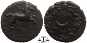 Phrygia, AE16 Philomelion ca. 1st century BC. Horse galloping right / ΦIΛO-MH above and below crescent upright within wreath. ANS online 50551. 16 mm....