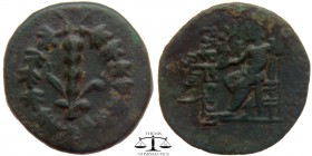 Cilicia, AE19 Tarsos after 164 BC. Club in oak wreath / TAΡΣEΩN, monograms left, Zeus seated left holding Nike and sceptre. SNG Cop. 345 ff. var. 19 m...