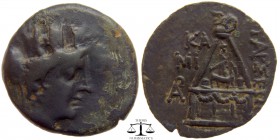 Cilicia, AE21 Tarsos 164-27 BC. Veiled and turreted head of Tyche right / TAΡΣEΩN, Monument of Sandan: Sandan standing right on a horned and winged li...