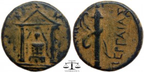 Pamphylia, AE17 Perge ca. 50-30 BC. Cult statue of Artemis within distyle temple / AΡTEMIΔ ΠEΡΓAIAΣ, Quiver with strap. SNG Paris 373-8. 17 mm., 4,3 g...