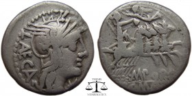 M. Porcius Laeca AR Denarius Rome 125 BC. Helmeted bust of Roma right, mark of value before, LAECA behind / Libertas driving quadriga right, holding p...