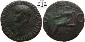 Caligula AE As Rome 39-40 AD. C CAESAR DIVI AVG PRO N AVG P M TR P IIII P P, bare-headed head left / VESTA, Vesta enthroned left, holding scepter and ...