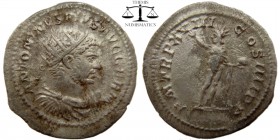 Caracalla AR Antoninianus Rome 215 AD. ANTONINVS PIVS AVG GERM, radiate, draped and cuirassed bust right / P M TR P XVIII COS IIII P P, Sol standing l...
