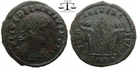Delmatius AE Follis Cyzicus 337 AD. FL IVL DELMATIVS NOB C, laureate, cuirassed bust right / GLOR-IA EXERC-ITVS, two soldiers holding spears and shiel...