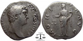 Hadrian AR Denarius Rome 117-138 AD. HADRIANVS AVG COS III P P, bare head right / MONE-TA AVG, Moneta standing left, holding scales and cornucopiae. R...