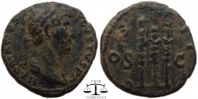Hadrian AE Quadrans Rome 117-138 AD. HADRIANVS AVGVSTVS PP, laureate head right / COS III S-C, legionary eagle between two standards. RIC 428. 18 mm.,...