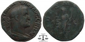 Maximinus I AE Sestertius Rome 235-238 AD. MAXIMINVS PIVS AVG GERM, laureate, draped, cuirassed bust seen from the back / FIDES MILITVM S-C, Fides sta...