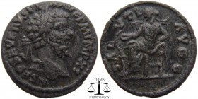 Septimius Severus AR Limes falsum Denarius east 198 AD. L SEP SEVERVS PER AVG P M IMP XI, laureate head right / SALVTI AVGG, Salus seated right, feedi...