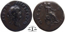 Vespasian AR Denarius Rome 73 AD. IMP CAES VESP AVG CEN, laureate head right / PONTIF MAXIM, Vespasian seated right, holding sceptre and branch. RIC 5...