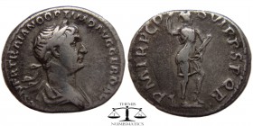 Trajan AR denarius Rome 116 AD. IMP CAES NER TRAIANO OPTIMO AVG GER DAC, laureate draped bust right / PM TRP COS VI PP SPQR, Virtus standing right, ho...