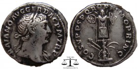 Trajan AR Denarius Rome 107 AD. IMP TRAIANO AVG GER DAC P M TR P, laureate head right, slight drapery on far shoulder / COS V P P S P Q R OPTIMO PRINC...