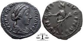 Lucilla AR Denarius Rome 164-182 AD. LVCILLAE AVG ANTONINI AVG F, draped bust right / IVNONI LVCINAE. Juno standing left holding child in swaddling cl...