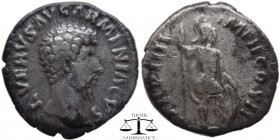 Lucius Verus AR Denarius Rome 164 AD. L VERVS AVG ARMENIACVS, draped and cuirassed bust right / TR P IIII IMP II COS II, Mars standing right holding s...