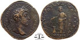 Marcus Aurelius AE Sestertius Rome 163 AD. SALVTI AVGVSTOR TR P XVII S-C, COS III below, Salus standing left, holding sceptre and feeding serpent risi...