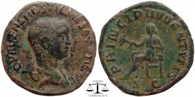 Hostilian AE Sestertius Rome 214 AD. C VALENS HOSTIL MES QVINTVS N C, bare-headed & draped bust right / PRINCIPI IVVENTVTIS S-C, Apollo seated left, h...