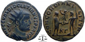 Diocletian AE radiate fraction Cyzicus 295-299 AD. IMP CC VAL DIOCLETIANVS PF AVG, radiate, cuirassed bust right / CONCORDIA MI-LITVM, emperor standin...