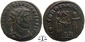 Diocletian AE radiate fraction Heraklea 295-299 AD. IMP C C VAL DIOCLETIANVS P F AVG; radiate, draped and cuirassed bust right / CONCORDIA MIL-ITVM, H...