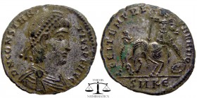 Constantius II AE2 Cyzicus 337-361 AD. DN CONSTAN-TIVS PF AVG, pearl diademed, draped, cuirassed bust right / FEL TEMP RE-PARATIO, soldier standing le...