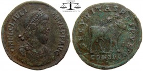 Julian II AE1 Follis Constantinople 362-363 AD. DN FL CL IVLI-ANVS PF AVG, pearl-diademed, draped, cuirassed bust right / SECVRITAS REIPVB, bull stand...