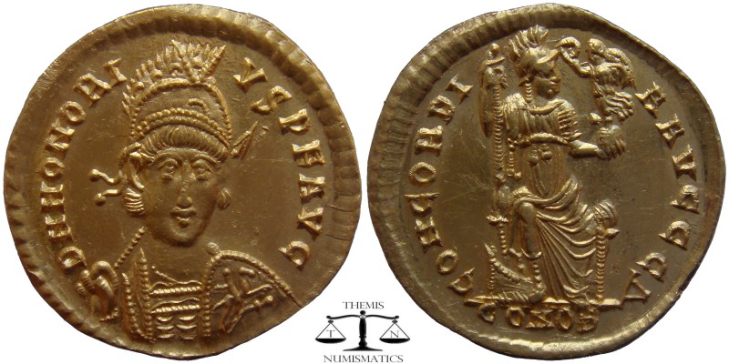 Honorius AV Solidus Constantinople 393-423 AD. D N HONORI-VS P F AVG, pearl-diad...