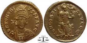 Honorius AV Solidus Constantinople 393-423 AD. D N HONORI-VS P F AVG, pearl-diademed, helmeted, and cuirassed bust facing slightly right, holding spea...