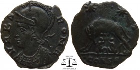 Constantine I AE3 Centenionalis Constantinople 333-335 AD. VRBS ROMA, mantled D4 bust of Roma left wearing created Corinthian-style helmet / two stars...