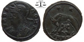 Constantine I AE3 Centenionalis Thessalonica 330-333 AD. VRBS ROMA, mantled D4 bust of Roma left wearing created Corinthian-style helmet / two stars i...