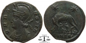 Constantine I AE3 Centenionalis Constantinople 333-335 AD. VRBS ROMA, mantled D4 bust of Roma left wearing created Corinthian-style helmet / two stars...
