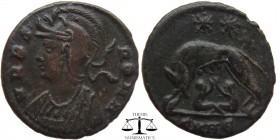 Constantine I AE3 Centenionalis Heraclea 330-333 AD. VRBS ROMA, mantled D4 bust of Roma left wearing created Corinthian-style helmet / two stars in fi...