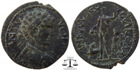 Caracalla Pisidia, AE25 Amblada 198-208 AD. M AY ANTΩ-NEINOC, laureate, draped and cuirassed bust right / AMBΛAΔEΩ-N ΛAKEΔAI, Dionysos, naked, standin...
