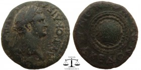 Domitian Koinon of Macedonia, AE23 81-96 AD. AYT KAIΣAΡ ΔOMITIANOΣ ΣEB,, laureate head right / KOINON MAKEΔONΩN, Macedonian shield. RPC 336. 23 mm., 8...