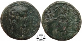 Caligula Phrygia, AE21 Aezanis 37-41 AD. Magistrate Aristarchos Heirax. ΓAIOC KAICAΡ, laureate head right / AIZANITΩN EΠI AΡICTAΡXOY IEΡAKOC, Zeus sta...