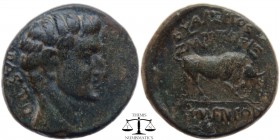 Tiberius Phyrgia, AE19 Eumeneia 14-37 AD. Valerios Zmertorix, magistrate. ΣΕΒΑΣΤΟΣ, bare head right / OVAΛEPIOΣ - ZMEPTOPIΞ - EVMENEΩN], bull butting ...