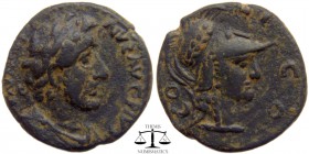 Antoninus Pius Lycaonia, AE29 Iconium 138-161 AD. ANTONINVS AVG PIVS, laureate, draped and cuirassed bust right / COL ICO, head of Athena right, weari...