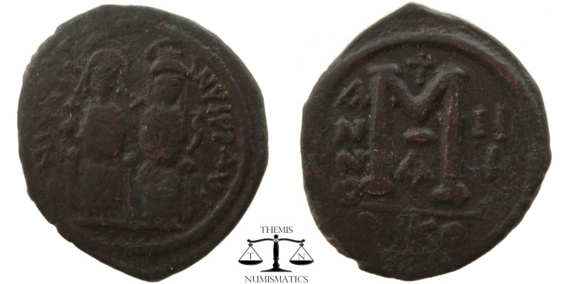 Justin II & Sophia AE Follis Constantinople 565 AD. DN IVSTI-NVS PP AVG, Justin ...